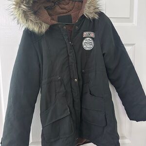 SHEIN Black Parka with Faux Fur Hood